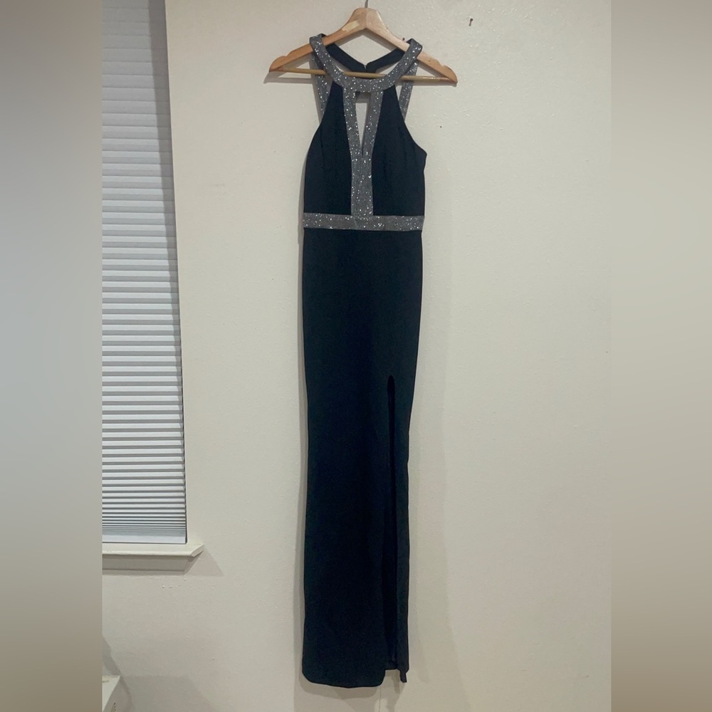 Elegant Black and Silver formal dress with detailed back